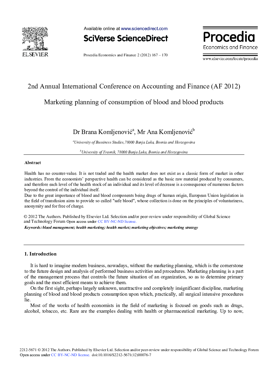 Marketing Planning of Consumption of Blood and Blood Products