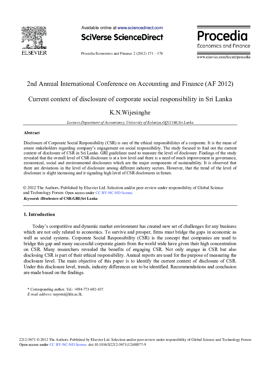 Current Context of Disclosure of Corporate Social Responsibility in Sri Lanka