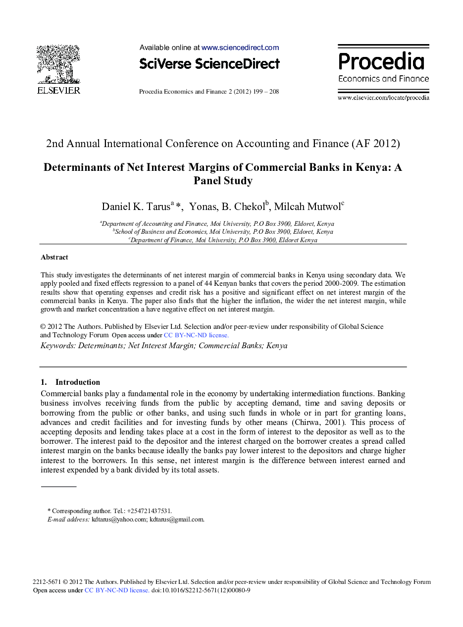 Determinants of Net Interest Margins of Commercial Banks in Kenya: A Panel Study