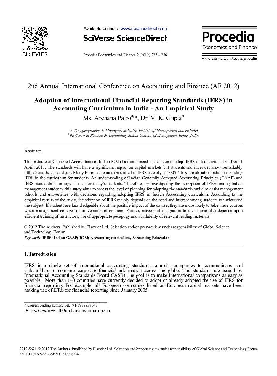 تصویب استانداردهای بین المللی گزارشگری مالی (IFRS) در برنامه ی آموزشی حسابداری در هند – یک مطالعه ی تجربی