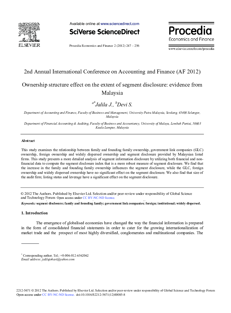 Ownership Structure Effect on the Extent of Segment Disclosure: Evidence from Malaysia