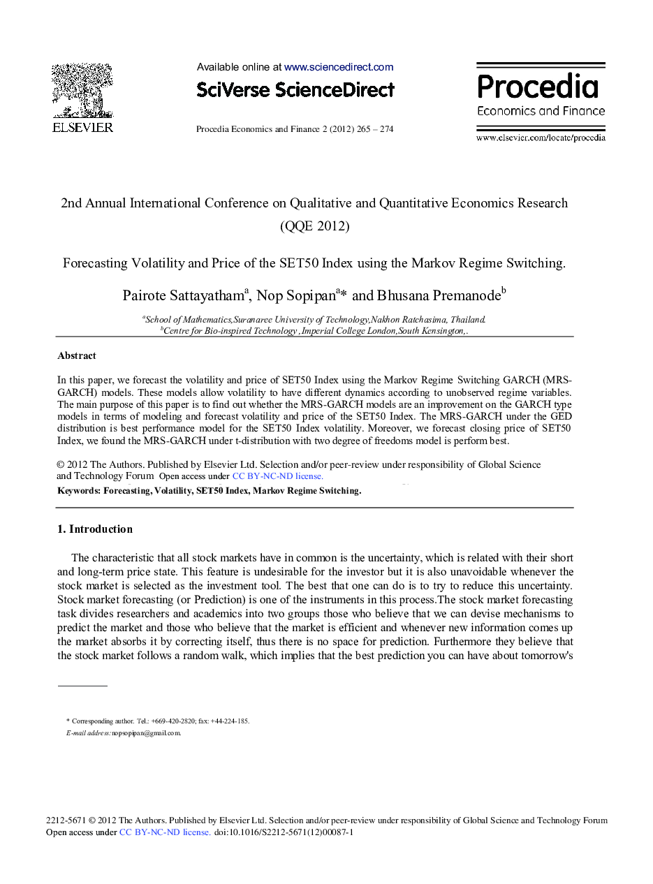 Forecasting Volatility and Price of the SET50 Index Using the Markov Regime Switching