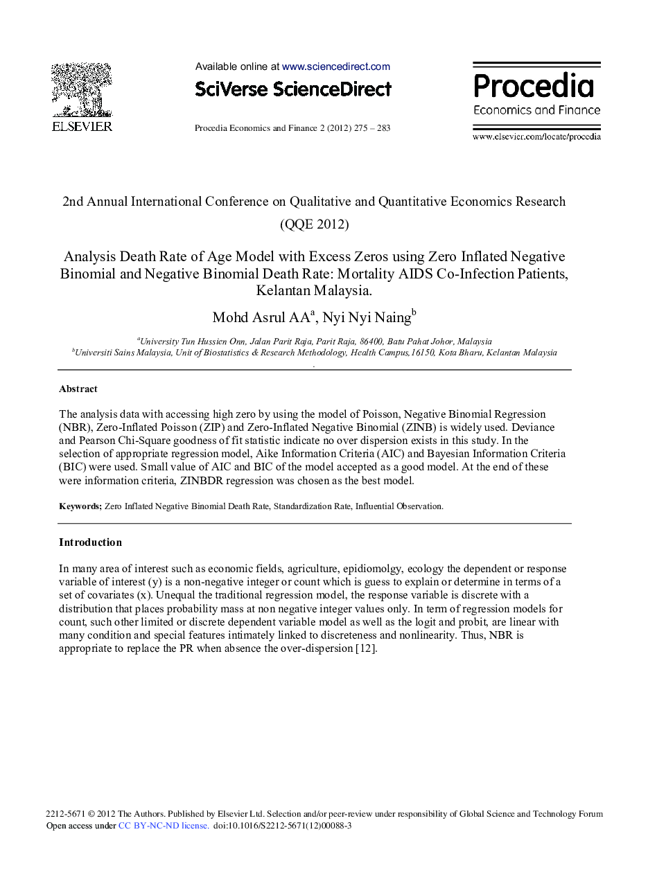 Analysis Death Rate of Age Model with Excess Zeros using Zero Inflated Negative Binomial and Negative Binomial Death Rate: Mortality AIDS Co-Infection Patients, Kelantan Malaysia