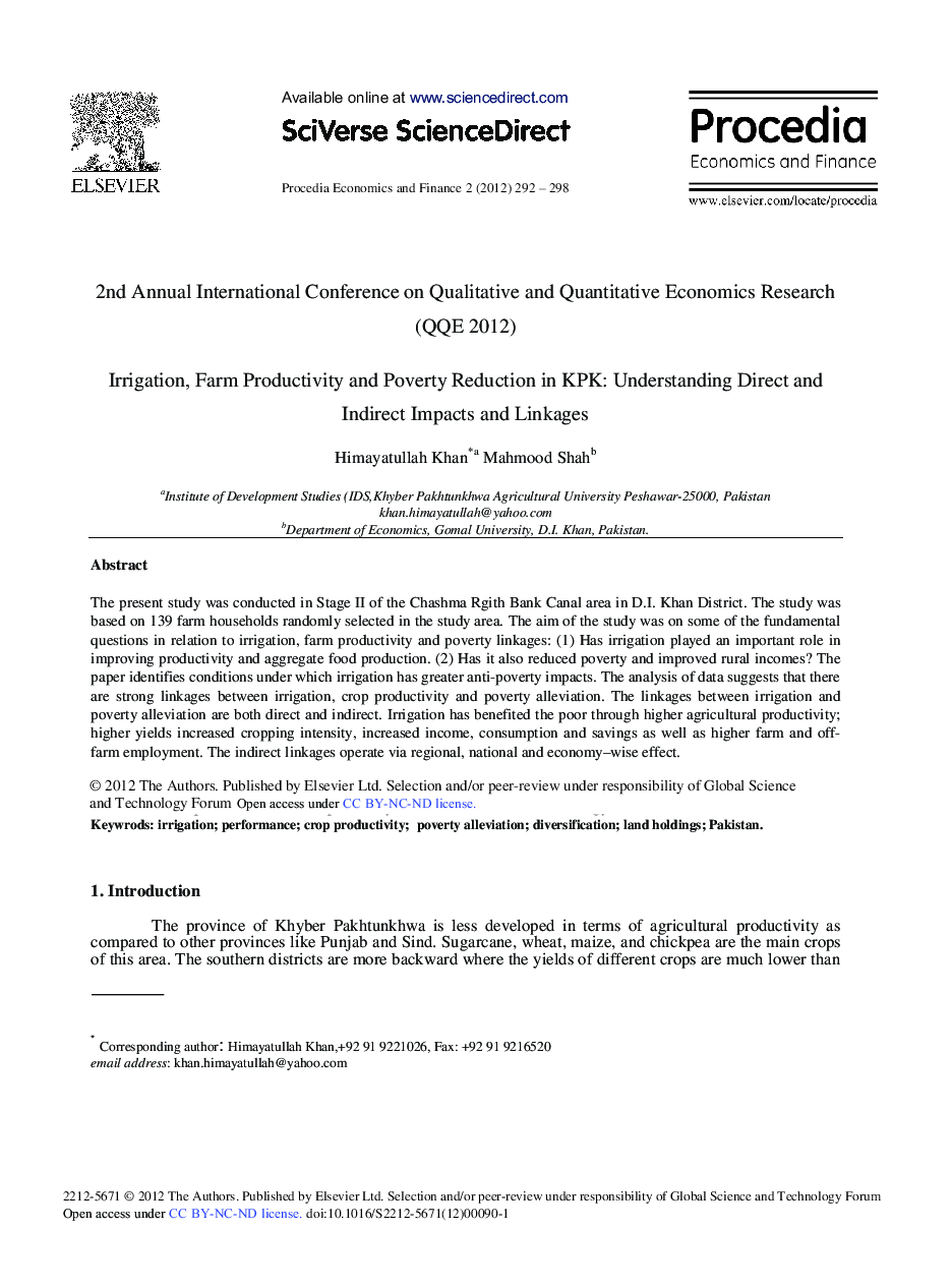 Irrigation, Farm Productivity and Poverty Reduction in KPK: Understanding Direct and Indirect Impacts and Linkages