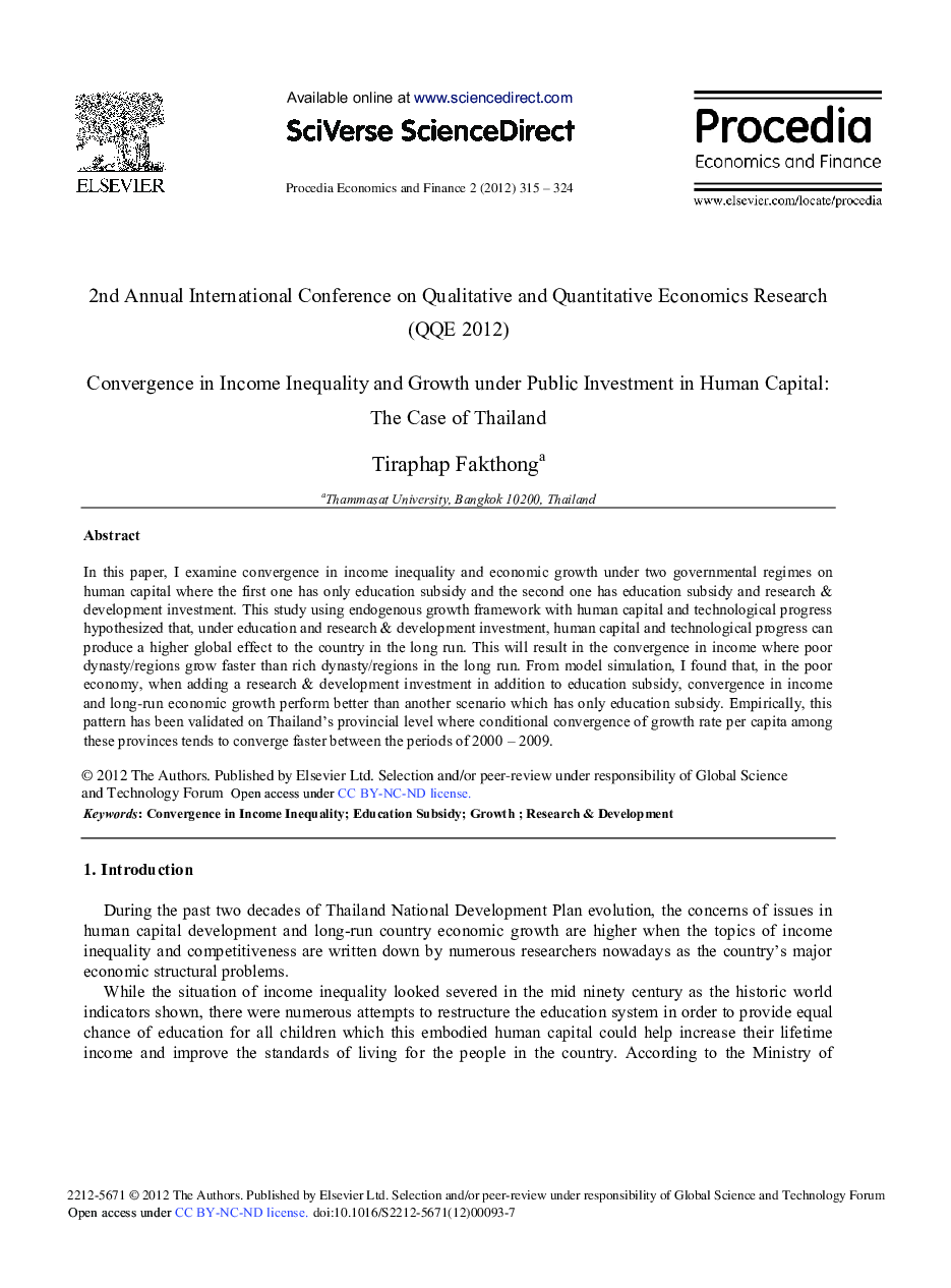 Convergence in Income Inequality and Growth under Public Investment in Human Capital: The Case of Thailand