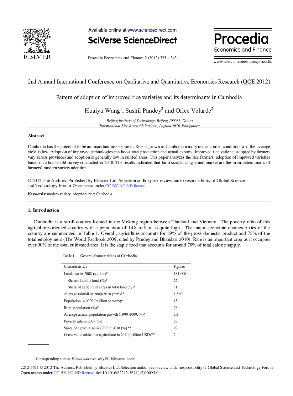 Pattern of Adoption of Improved Rice Varieties and Its Determinants in Cambodia