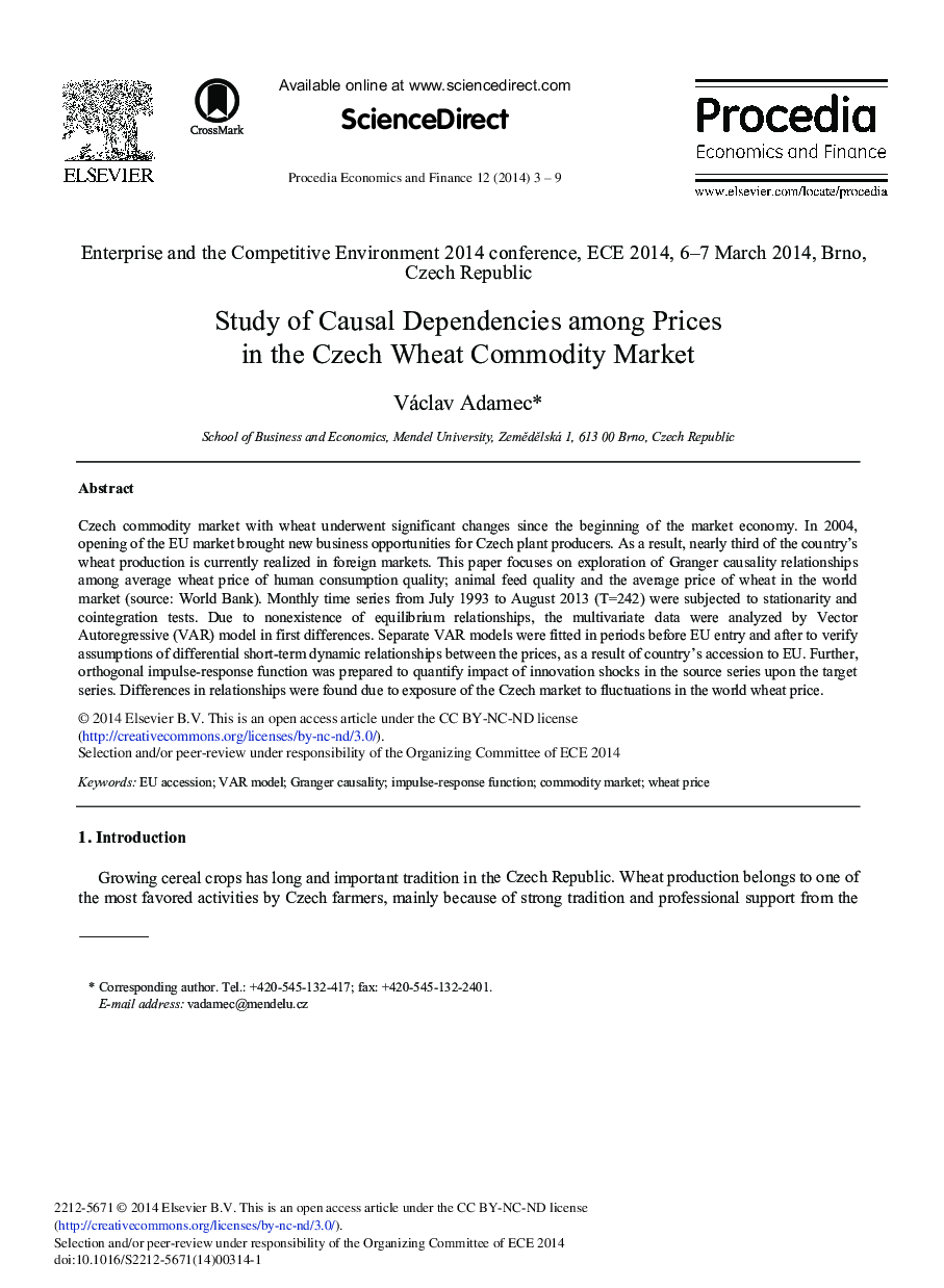 Study of Causal Dependencies among Prices in the Czech Wheat Commodity Market 