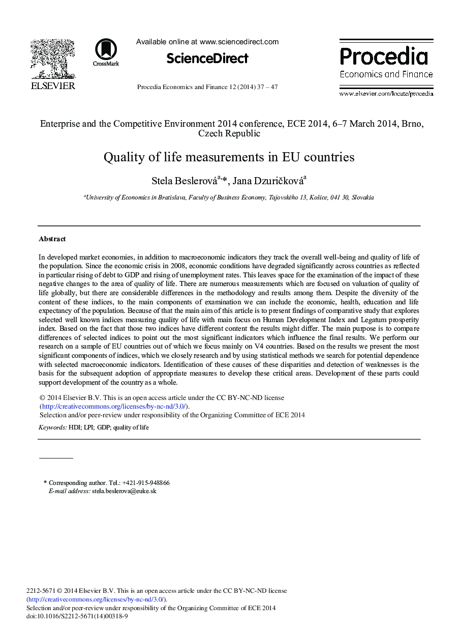 Quality of Life Measurements in EU Countries 