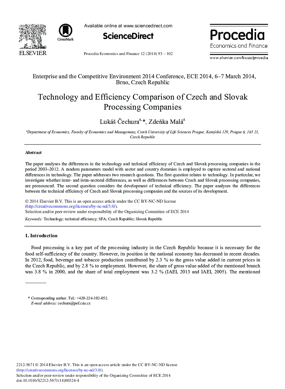 Technology and Efficiency Comparison of Czech and Slovak Processing Companies 