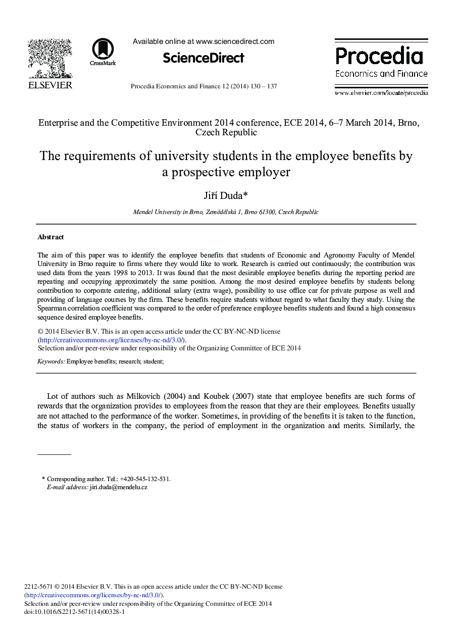 The Requirements of University Students in the Employee Benefits by a Prospective Employer 