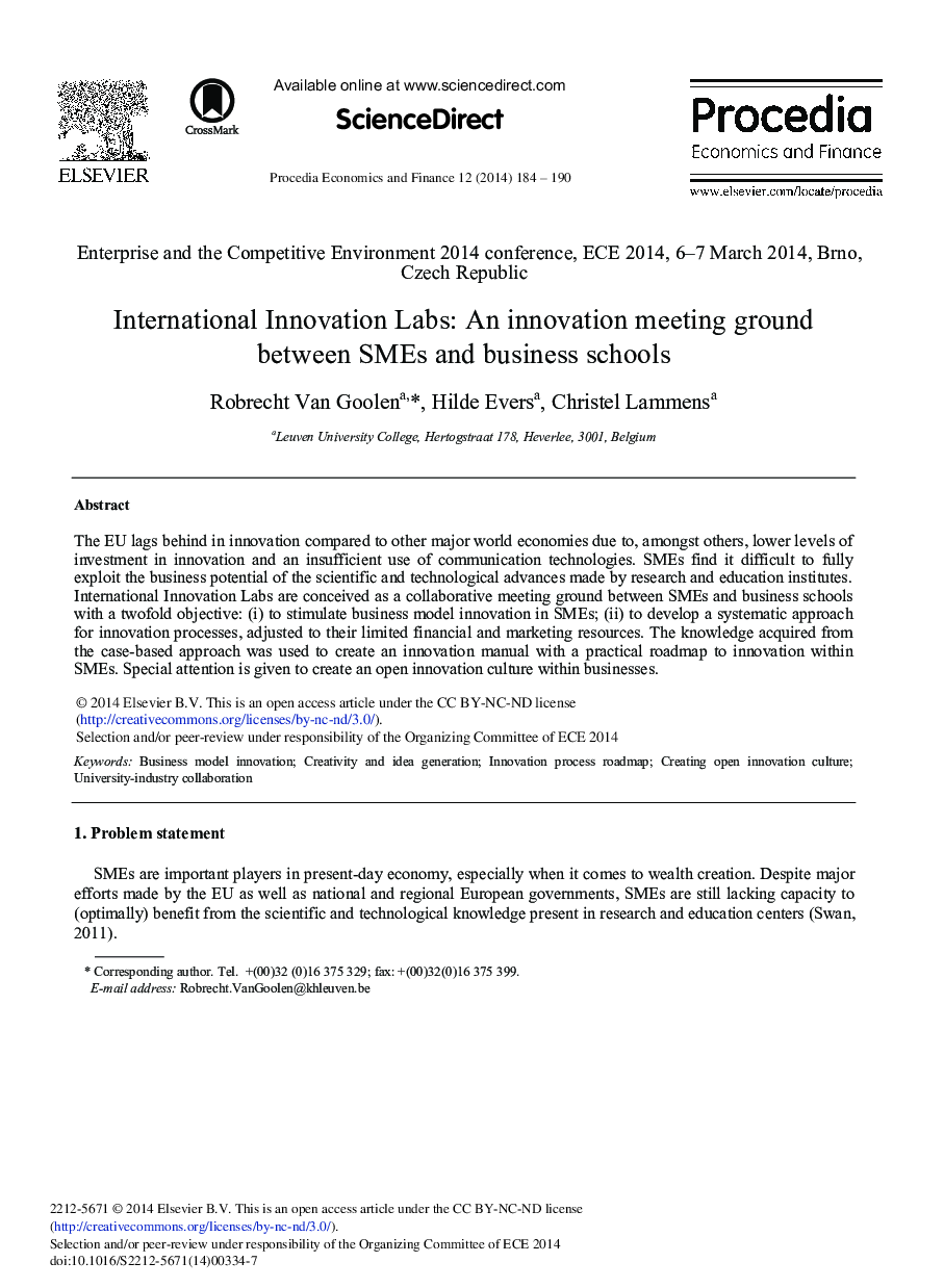 International Innovation Labs: An Innovation Meeting Ground between SMEs and Business Schools 