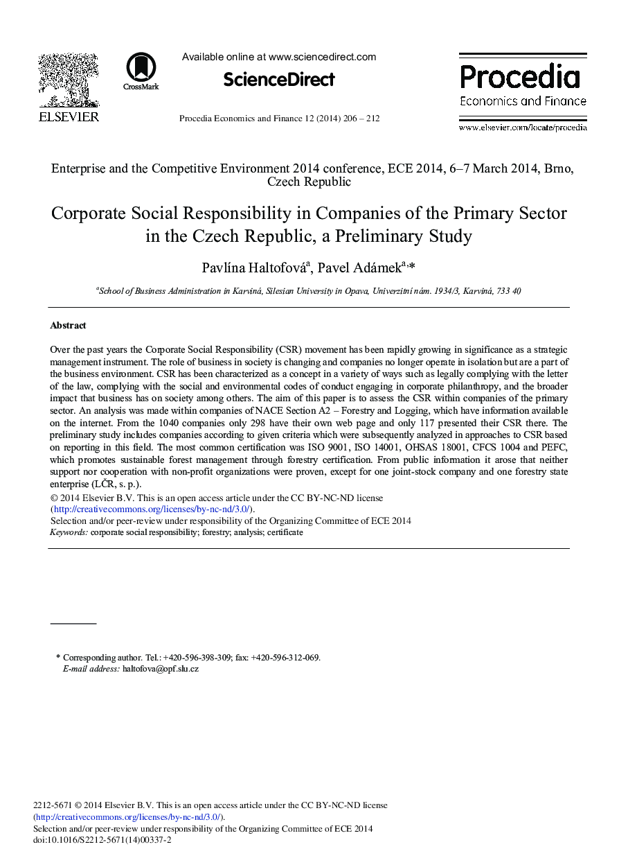 Corporate Social Responsibility in Companies of the Primary Sector in the Czech Republic, a Preliminary Study 