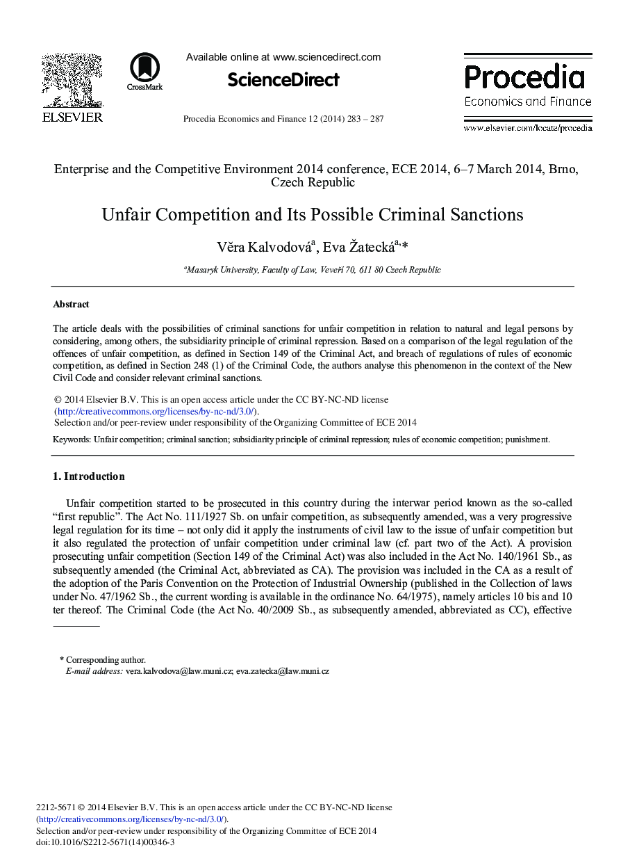 Unfair Competition and its Possible Criminal Sanctions 