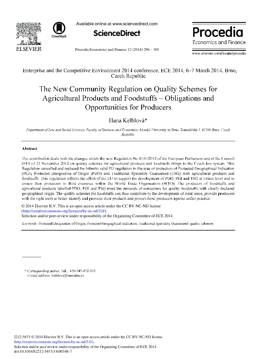 عکس صفحه اول مقاله: The New Community Regulation on Quality Schemes for Agricultural Products and Foodstuffs – Obligations and Opportunities for Producers The New Community Regulation on Quality Schemes for Agricultural Products and Foodstuffs – Obligations and Opportunities for Producers
