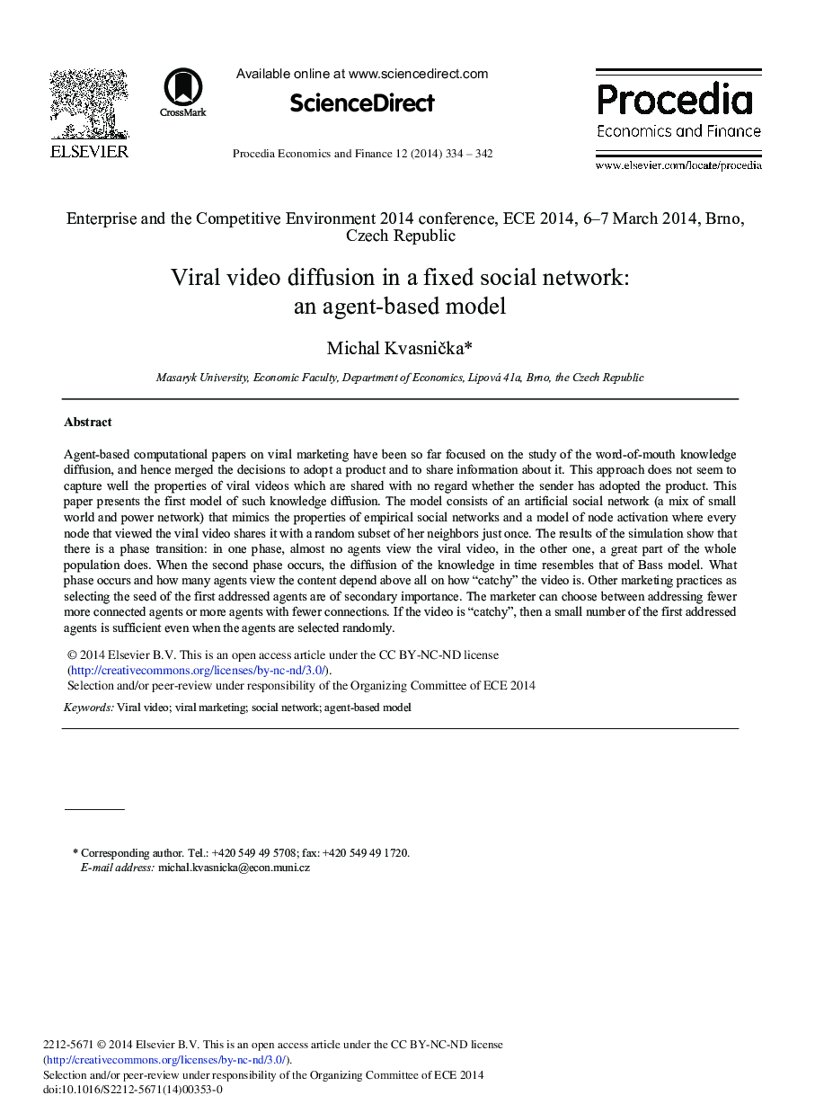 عکس صفحه اول مقاله: Viral Video Diffusion in a Fixed Social Network: An Agent-based Model Viral Video Diffusion in a Fixed Social Network: An Agent-based Model