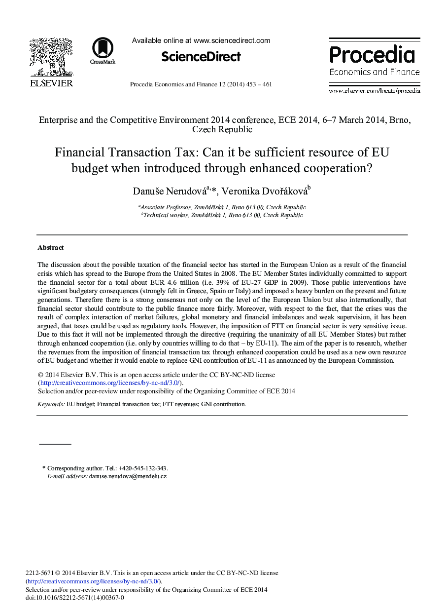 Financial Transaction Tax: Can it be Sufficient Resource of EU Budget when Introduced through Enhanced Cooperation? 