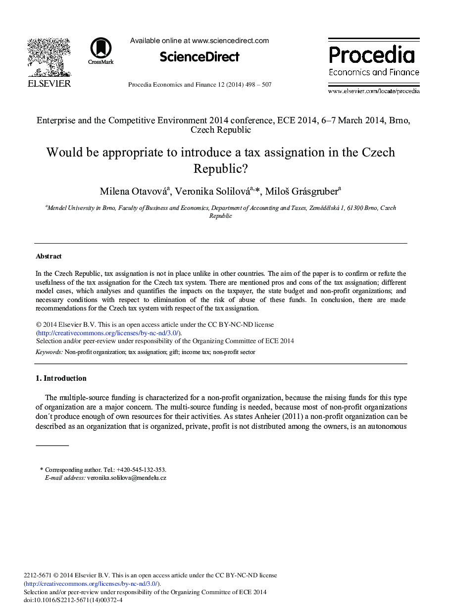 Would be Appropriate to Introduce a Tax Assignation in the Czech Republic? 