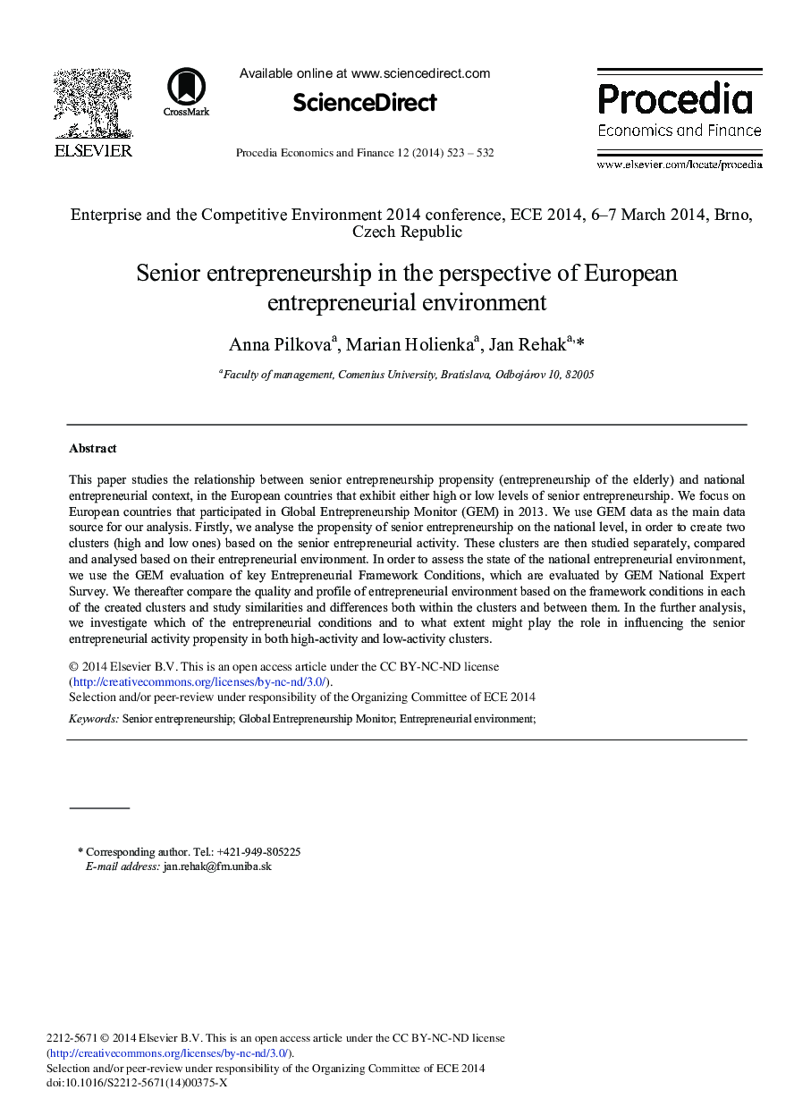 عکس صفحه اول مقاله: Senior Entrepreneurship in the Perspective of European Entrepreneurial Environment Senior Entrepreneurship in the Perspective of European Entrepreneurial Environment