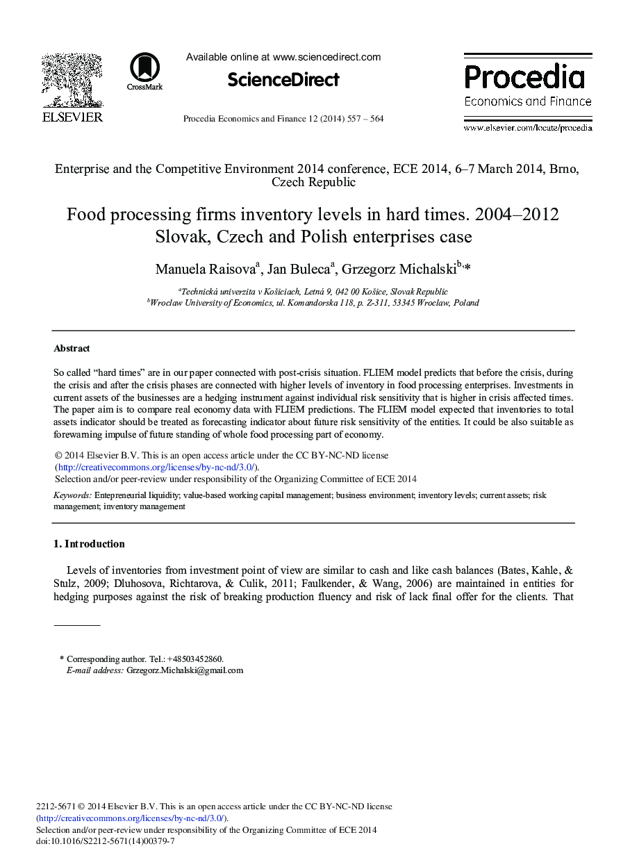 Food Processing Firms Inventory Levels in Hard Times. 2004–2012 Slovak, Czech and Polish Enterprises Case 