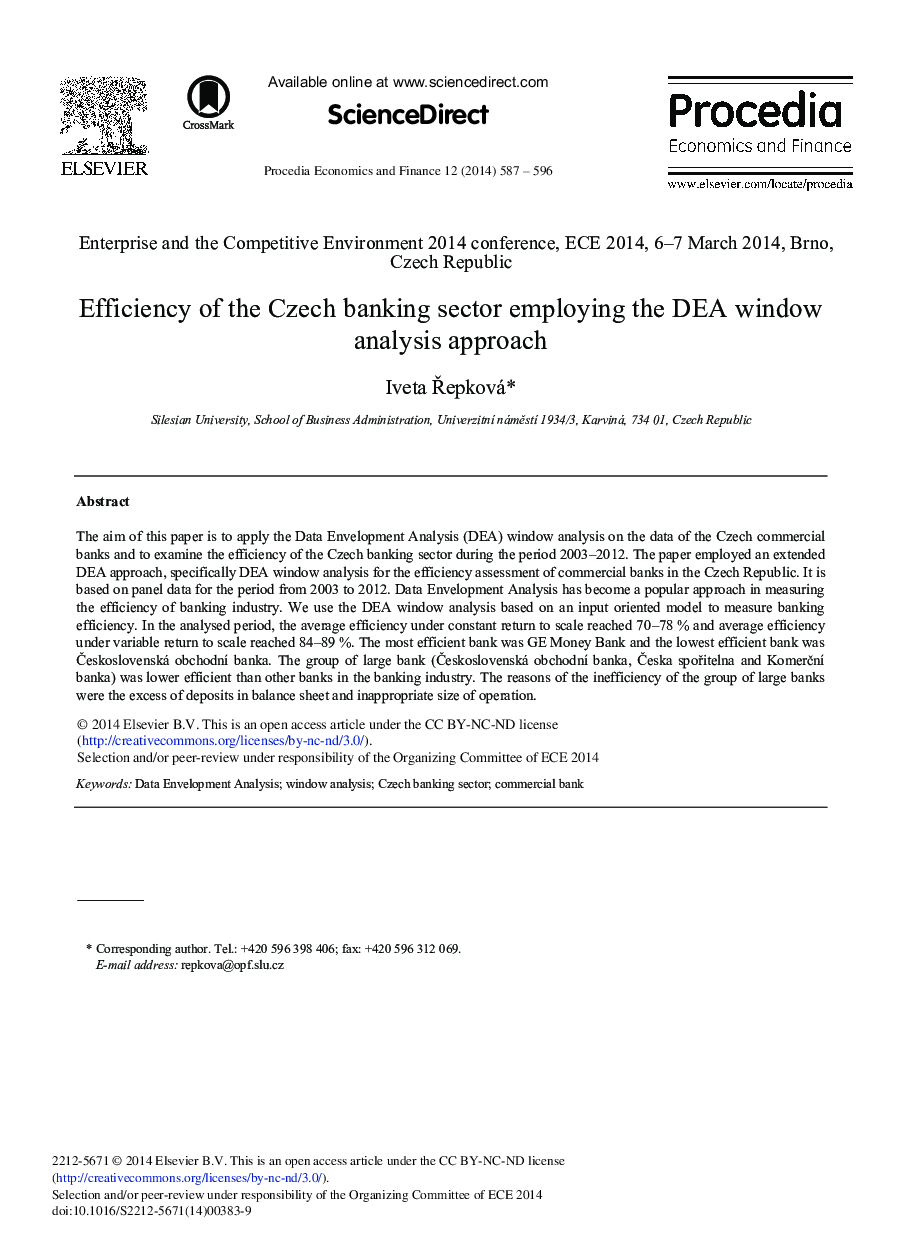 Efficiency of the Czech Banking Sector Employing the DEA Window Analysis Approach 