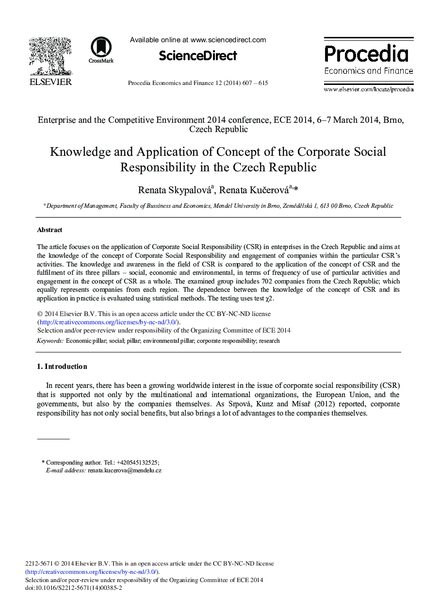 عکس صفحه اول مقاله: Knowledge and Application of Concept of the Corporate Social Responsibility in the Czech Republic Knowledge and Application of Concept of the Corporate Social Responsibility in the Czech Republic