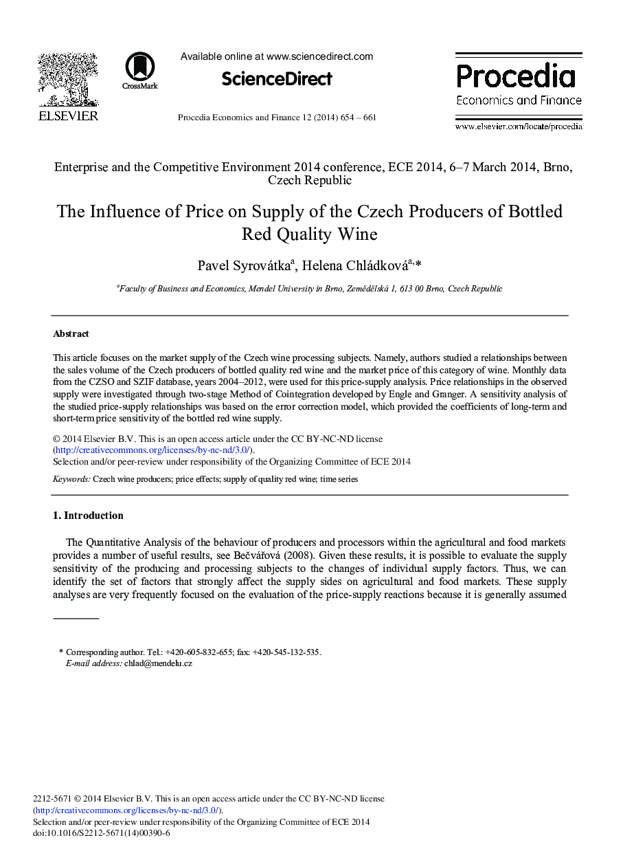 The Influence of Price on Supply of the Czech Producers of Bottled Red Quality Wine 