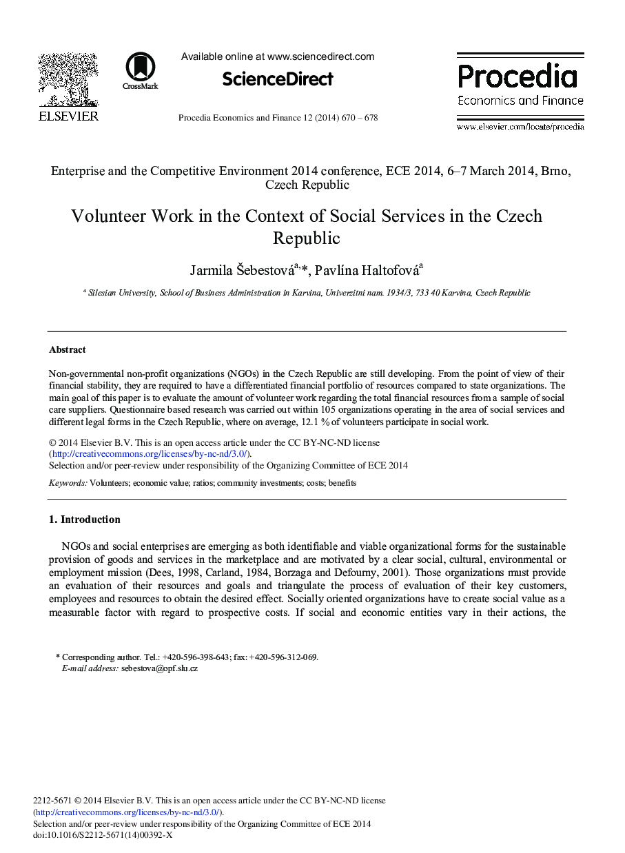 Volunteer Work in the Context of Social Services in the Czech Republic 