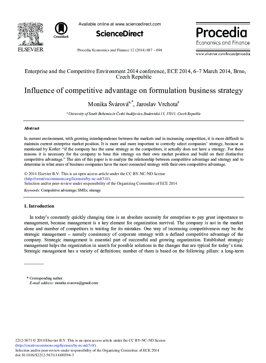 Influence of Competitive Advantage on Formulation Business Strategy 