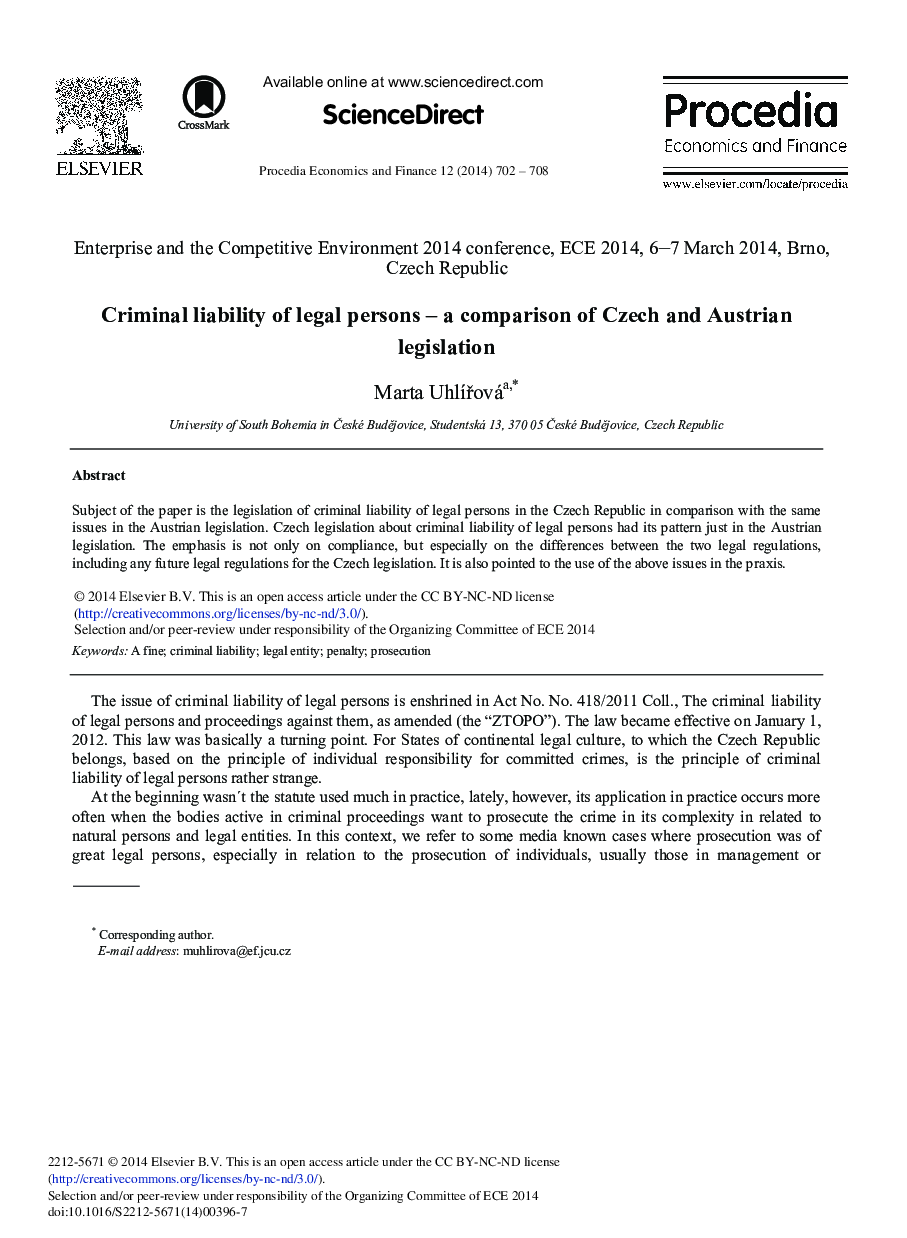 Criminal Liability of Legal Persons – A Comparison of Czech and Austrian Legislation 