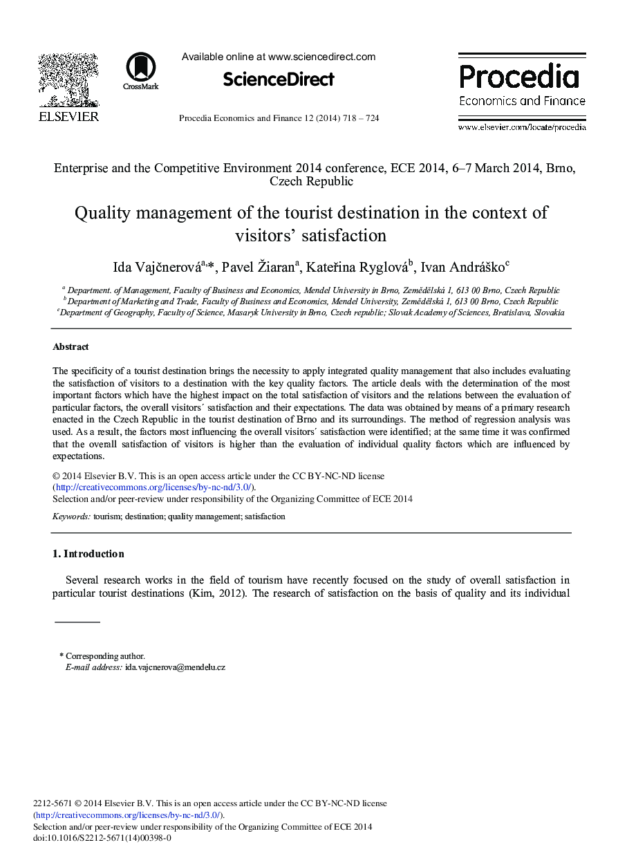 Quality Management of the Tourist Destination in the Context of Visitors’ Satisfaction 