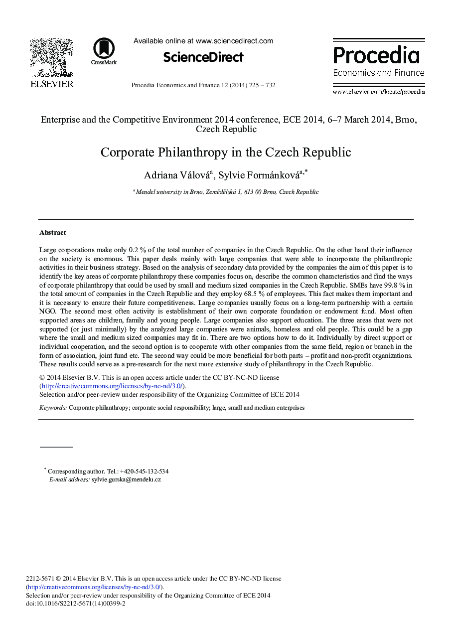 عکس صفحه اول مقاله: Corporate Philanthropy in the Czech Republic Corporate Philanthropy in the Czech Republic