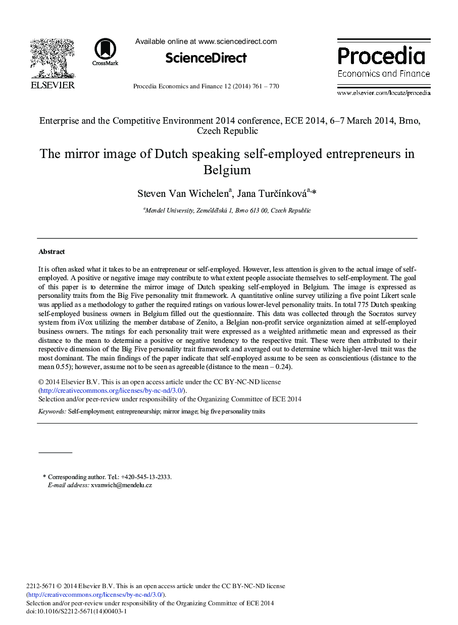 The Mirror Image of Dutch Speaking Self-employed Entrepreneurs in Belgium 
