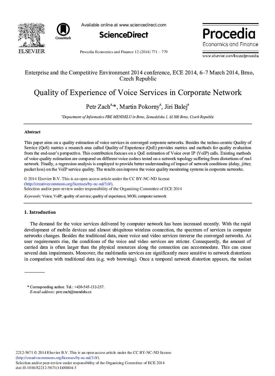 عکس صفحه اول مقاله: Quality of Experience of Voice Services in Corporate Network Quality of Experience of Voice Services in Corporate Network