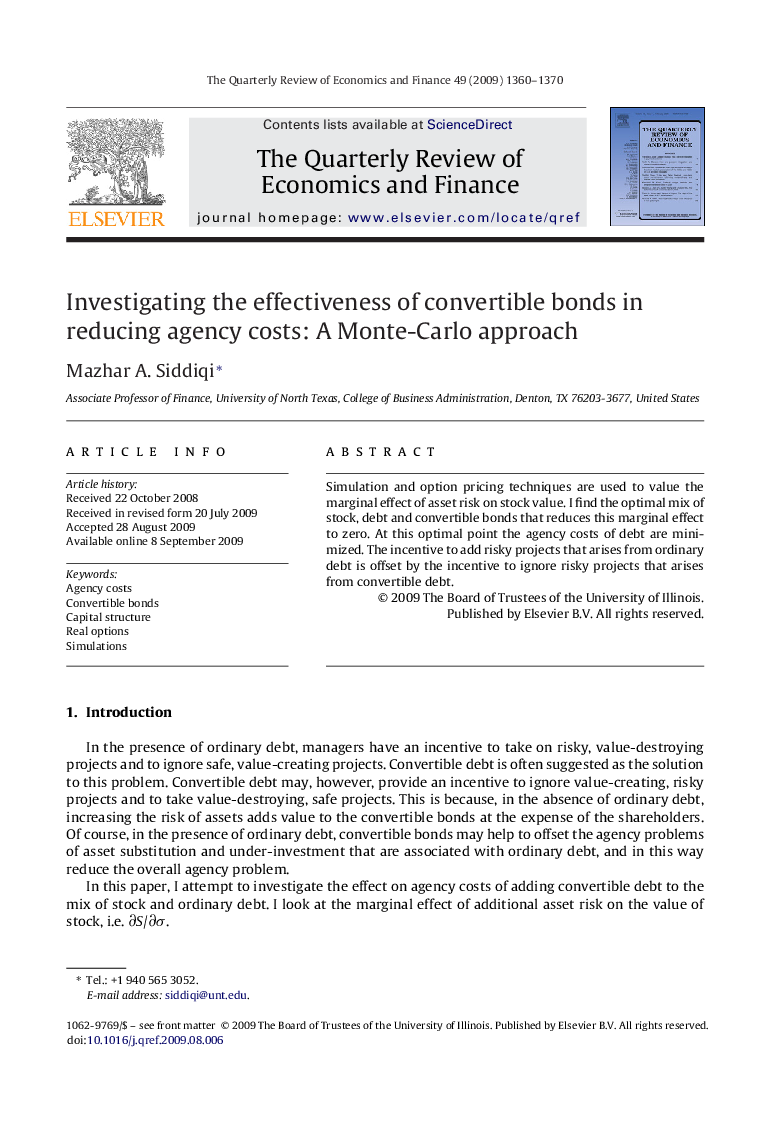 Investigating the effectiveness of convertible bonds in reducing agency costs: A Monte-Carlo approach