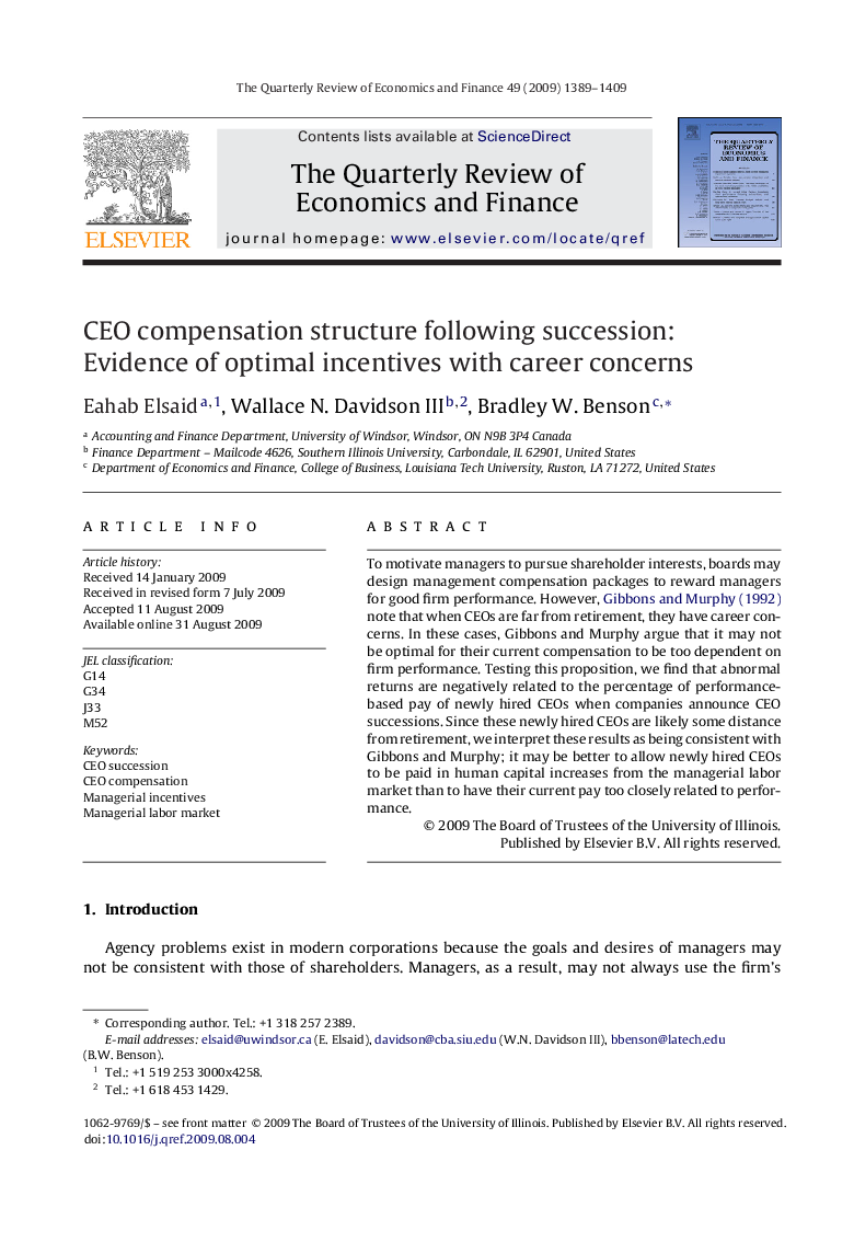 عکس صفحه اول مقاله: CEO compensation structure following succession: Evidence of optimal incentives with career concerns CEO compensation structure following succession: Evidence of optimal incentives with career concerns