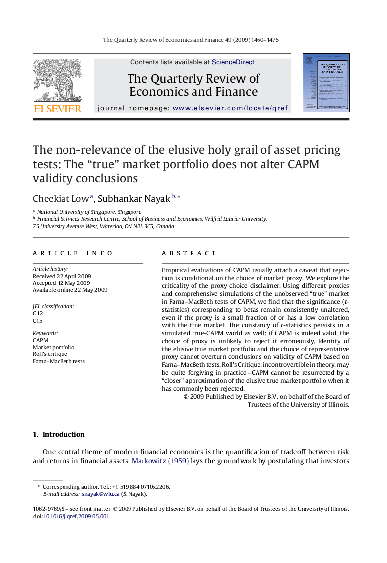عکس صفحه اول مقاله: The non-relevance of the elusive holy grail of asset pricing tests: The “true” market portfolio does not alter CAPM validity conclusions The non-relevance of the elusive holy grail of asset pricing tests: The “true” market portfolio does not alter CAPM validity conclusions