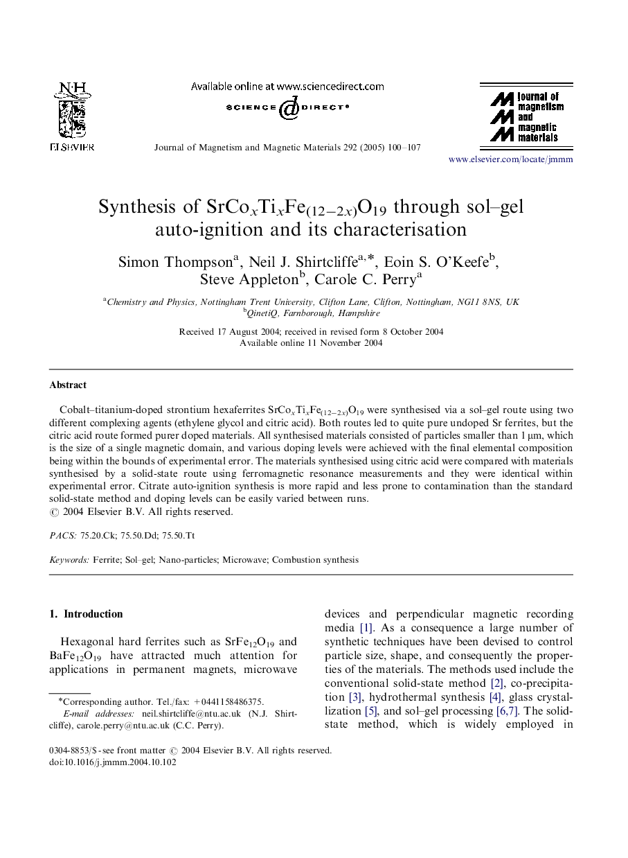 Synthesis of SrCoxTixFe(12â2x)O19 through sol-gel auto-ignition and its characterisation