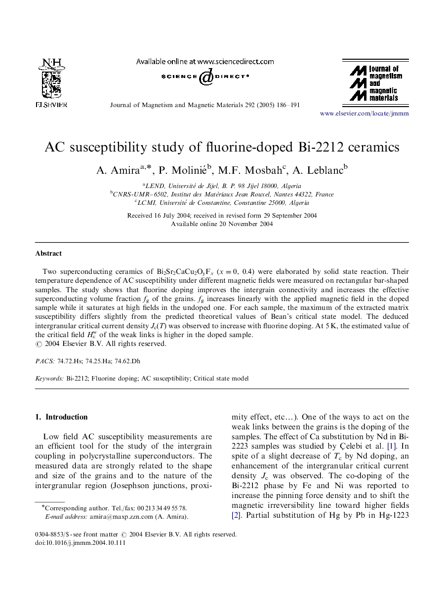 AC susceptibility study of fluorine-doped Bi-2212 ceramics