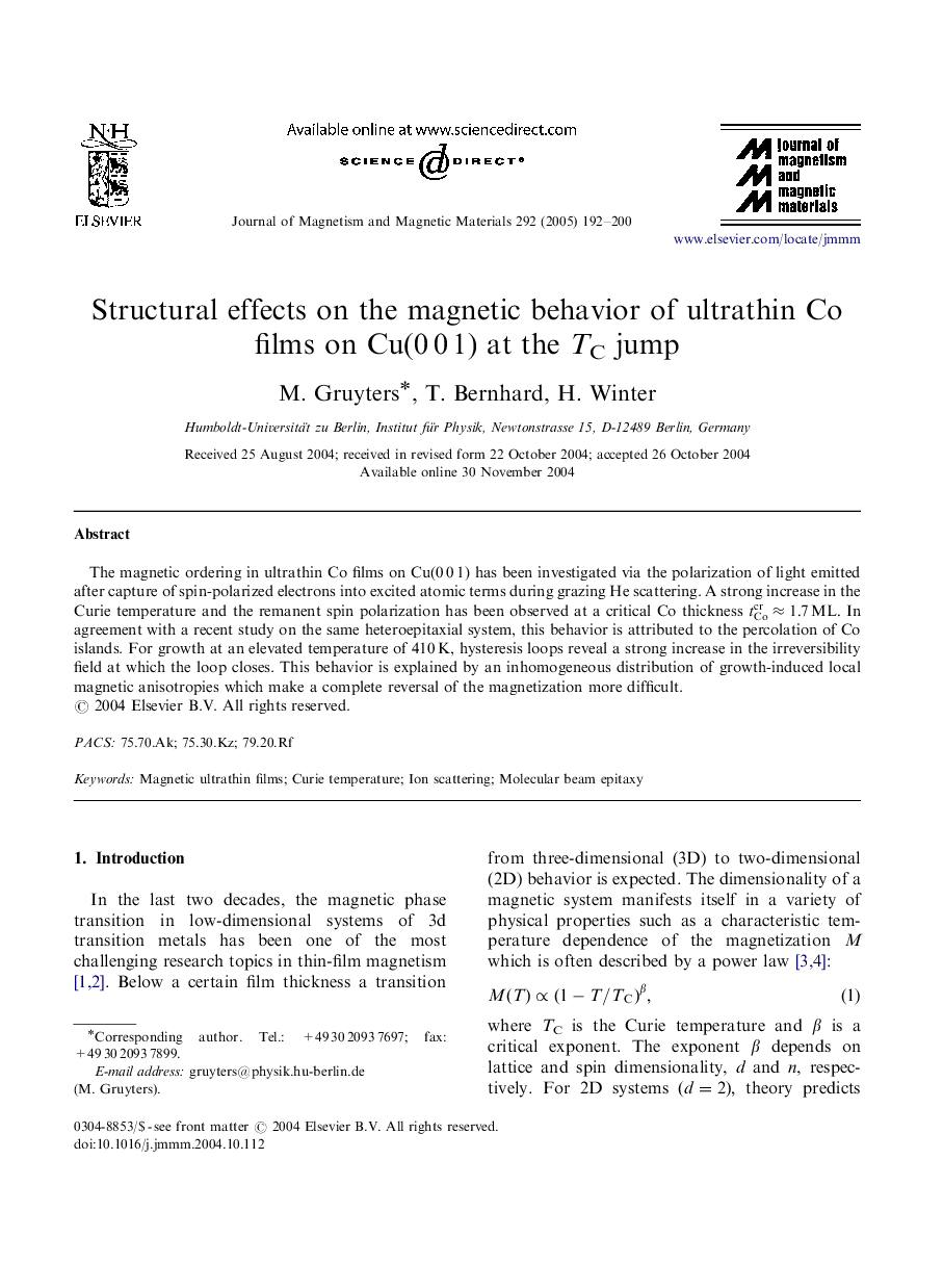 Structural effects on the magnetic behavior of ultrathin Co films on Cu(0Â 0Â 1) at the TC jump