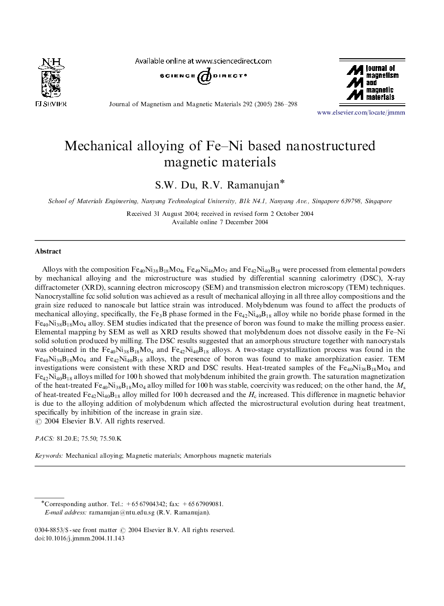 Mechanical alloying of Fe-Ni based nanostructured magnetic materials