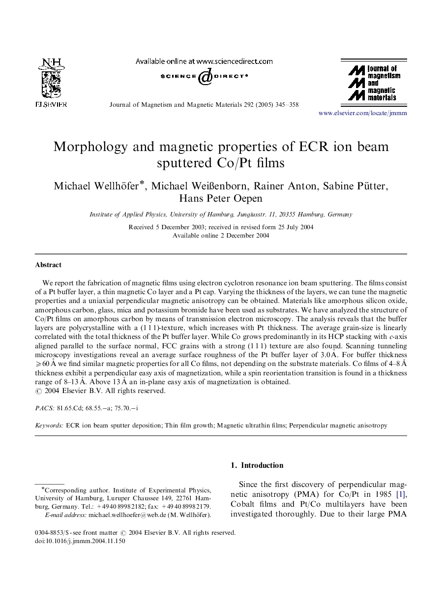 Morphology and magnetic properties of ECR ion beam sputtered Co/Pt films