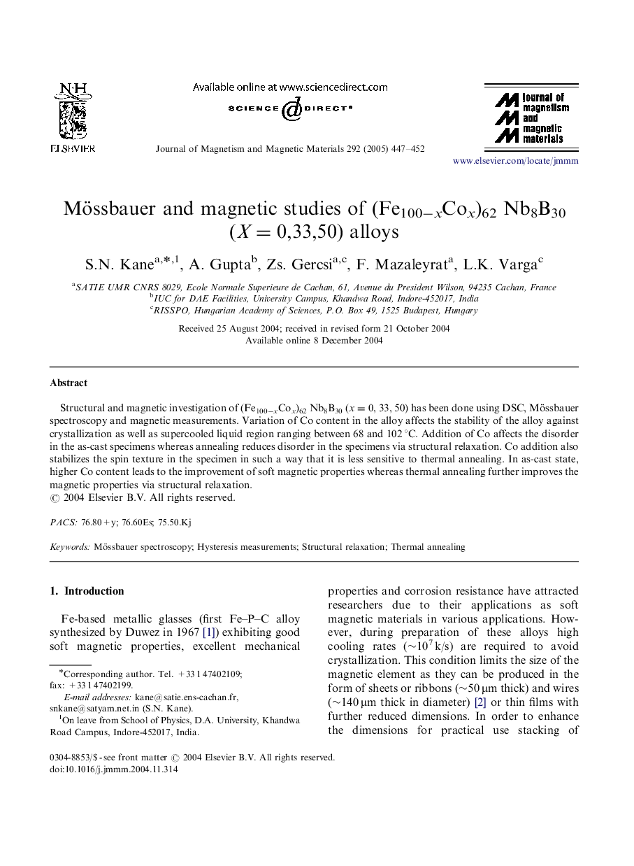 Mössbauer and magnetic studies of (Fe100âxCox)62 Nb8B30 (X=0,33,50) alloys