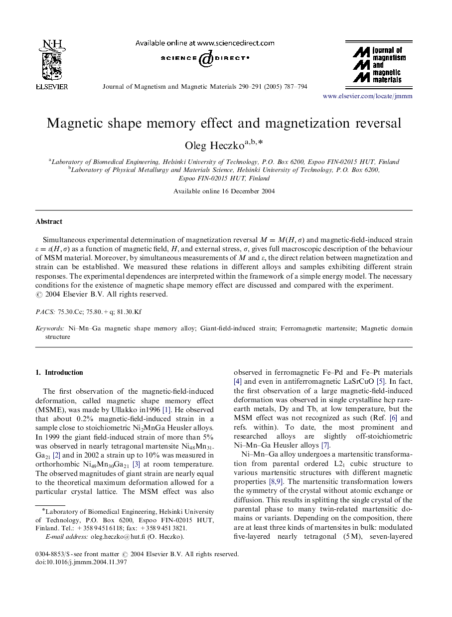 Magnetic shape memory effect and magnetization reversal
