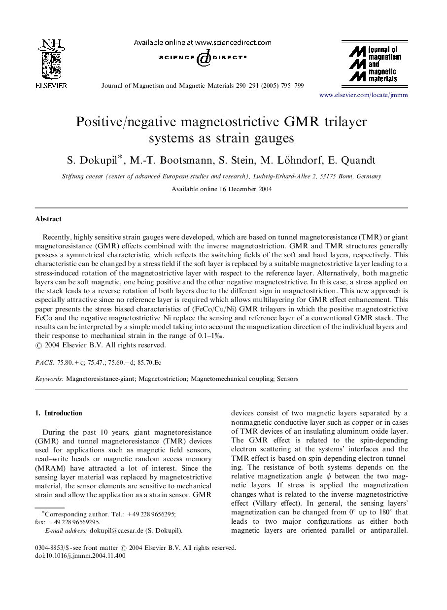 Positive/negative magnetostrictive GMR trilayer systems as strain gauges