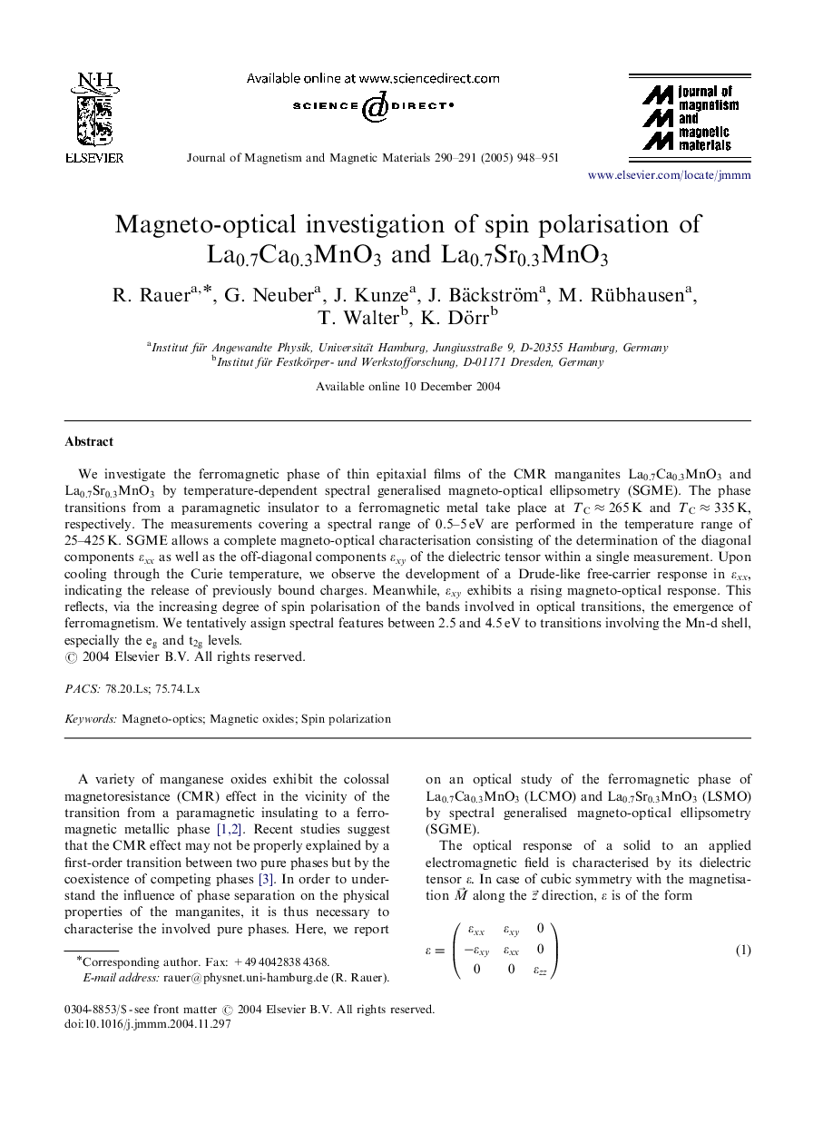 Magneto-optical investigation of spin polarisation of La0.7Ca0.3MnO3 and La0.7Sr0.3MnO3