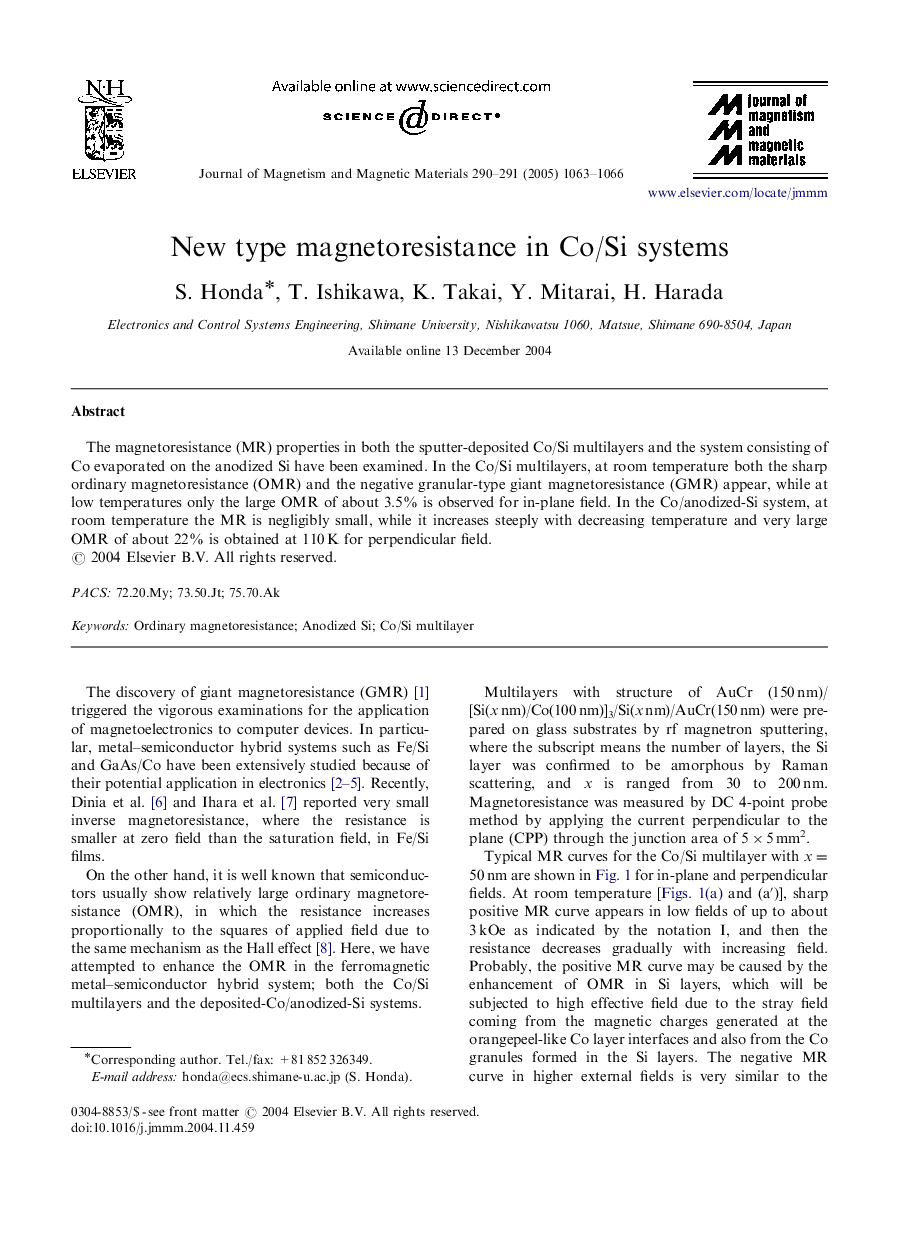 New type magnetoresistance in Co/Si systems