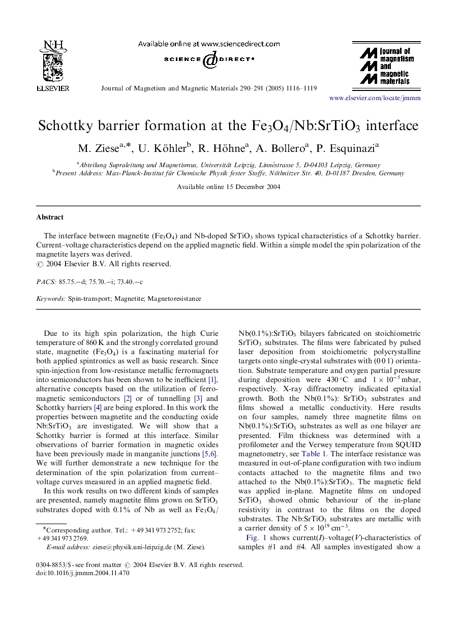 Schottky barrier formation at the Fe3O4/Nb:SrTiO3 interface