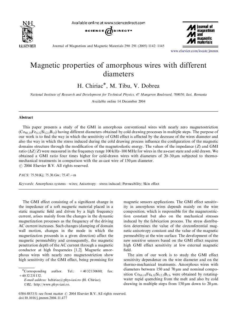 Magnetic properties of amorphous wires with different diameters