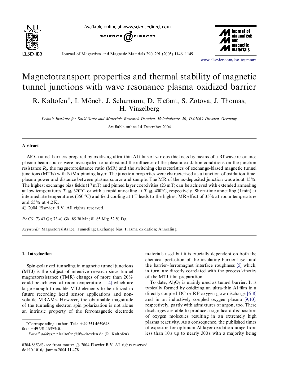 عکس صفحه اول مقاله: Magnetotransport properties and thermal stability of magnetic tunnel junctions with wave resonance plasma oxidized barrier Magnetotransport properties and thermal stability of magnetic tunnel junctions with wave resonance plasma oxidized barrier