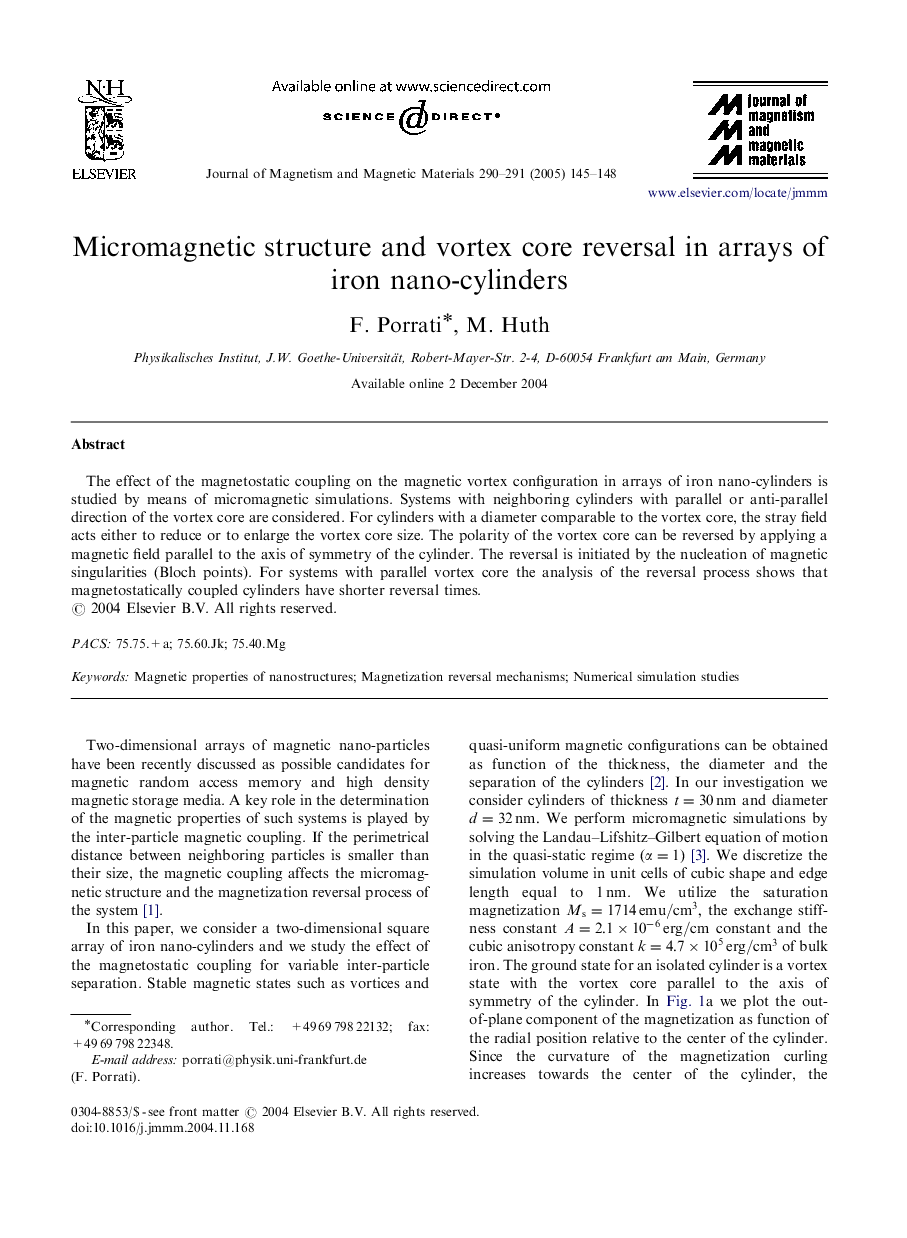 Micromagnetic structure and vortex core reversal in arrays of iron nano-cylinders